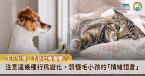 你知道嗎？不論是狗狗還是貓咪，我們身邊的毛孩也有可能會陷入「憂鬱」情緒，而不同於人類能用語言表達，毛孩的情緒多半藏在日常行為與生活習慣裡。根據獸醫臨床觀察，許多看似異常的行為，其實是來自心理壓力、疼痛或是環境變化所導致的反應。身為飼主的我們唯有學會讀懂毛孩的「情緒語言」，才能及早發現異狀，給予牠們正確的照顧。