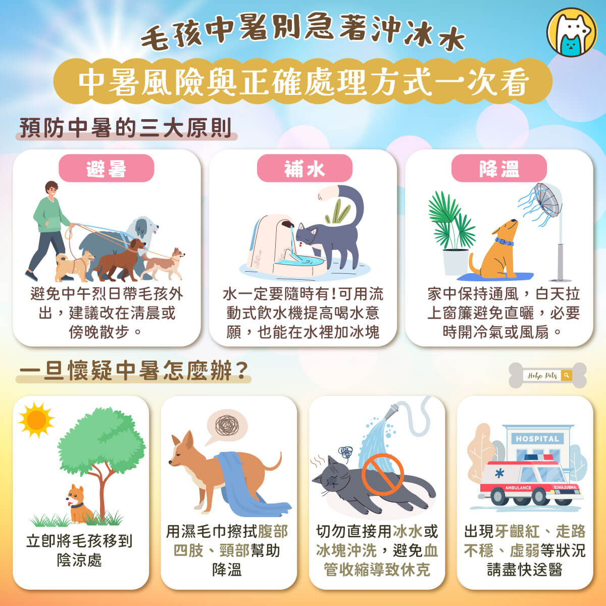 夏天氣溫愈來愈高，狗狗和貓咪不像人類能透過流汗散熱，一旦沒有做好防護，輕則出現不適，嚴重可能導致中暑甚至死亡。身為飼主，了解中暑風險與正確處理方式，是守護毛孩健康的重要責任。