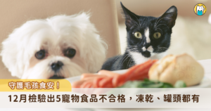 檢驗單位中央畜產會技術服務中心 12 月共檢驗出 5 款寵物食品不合格，其中新北市共 3 件、屏東縣 1 件、高雄市 1 件，產品包含凍乾、乾燥飼料、健齒棒、貓咪餐罐、海藻粉。