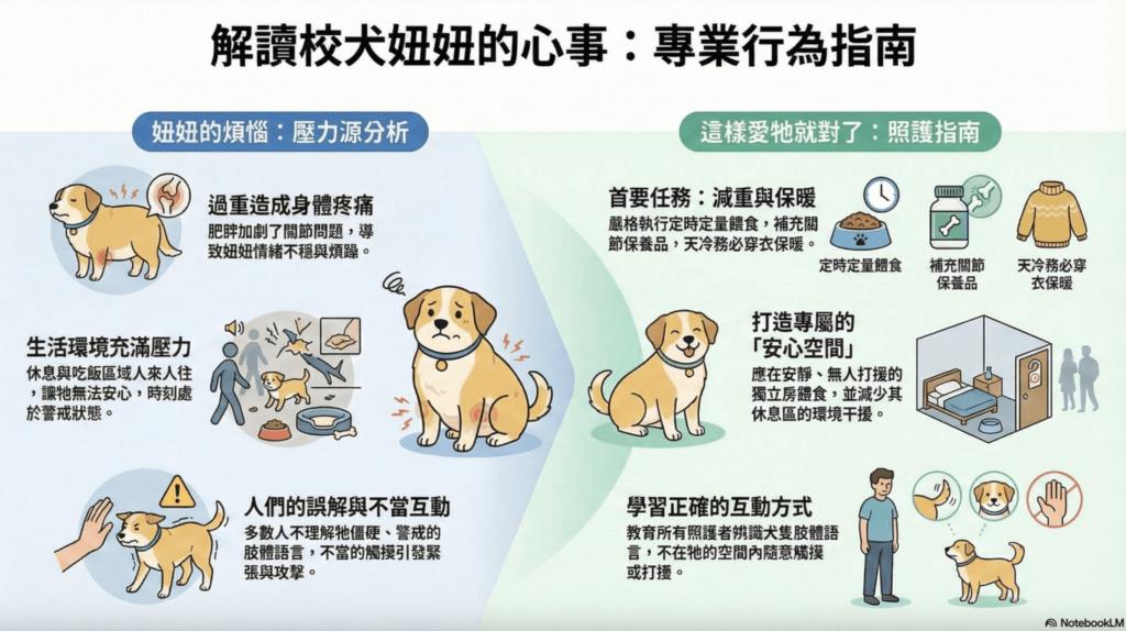 新北市板橋區江翠國小的校犬「妞妞」近日出現情緒不穩定、啃咬尾巴的行為，原本乖巧的牠看到陌生人或換班期間會變得異常的焦慮。經過訓練師的觀察，發現妞妞會情緒不穩的主因是過胖導致的疼痛，以及餵食空間有過多人流，導致牠無法好好放鬆休息。