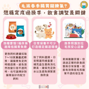 春季氣候忽冷忽熱，不只人容易不適，毛孩的腸胃也特別敏感，常見像是食慾下降、嘔吐、腹瀉，甚至對原本習慣的食物出現過敏反應。尤其不少飼主會趁換季幫毛孩更換飼料或加入鮮食，若轉換過程太快，反而容易讓腸胃負擔加重。因此，想讓毛孩穩定度過換季，從「飲食調整」開始，是最關鍵的一步。