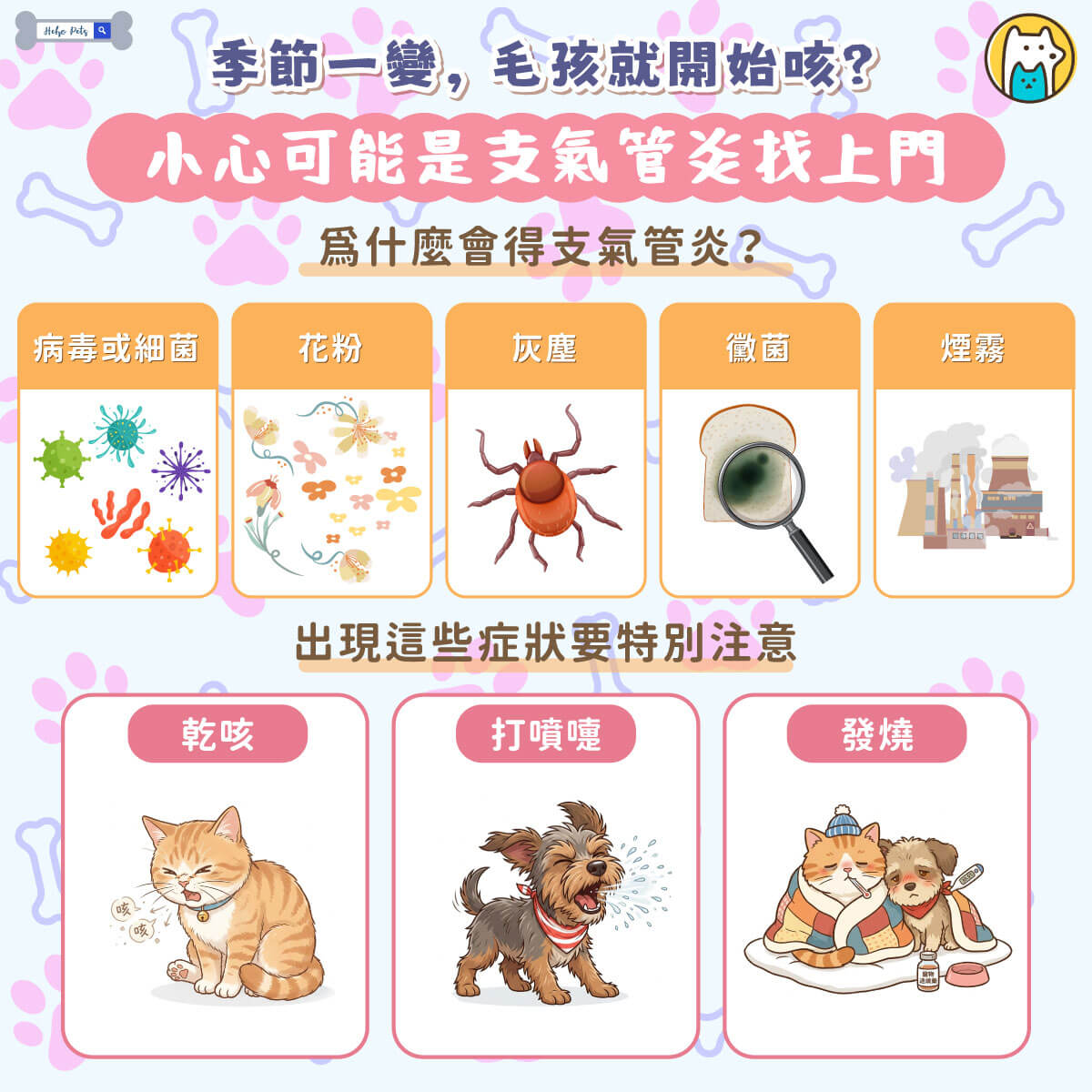 每逢季節交替，氣溫與濕度忽冷忽熱，不只人容易感冒，犬貓的呼吸道也會受到影響。許多飼主會發現，毛孩在這段時間特別容易出現咳嗽、打噴嚏或喘氣的情形，其中常見原因之一就是「支氣管炎」。這是一種發生在氣管與支氣管的發炎反應，若沒有及時處理，可能演變為慢性問題，長期影響毛孩健康。因此，掌握相關症狀與照護方式相當重要。