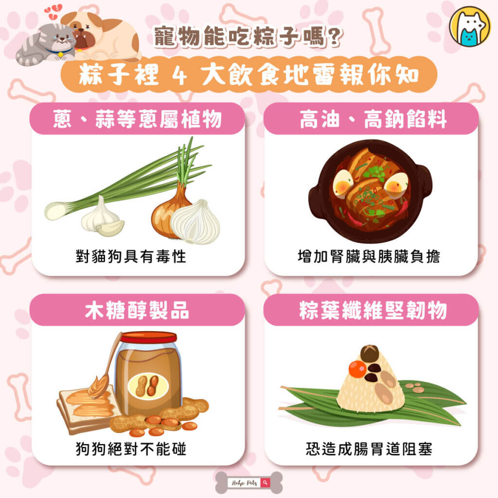 寵物能吃粽子嗎? 端午節必看!粽子裡的4大飲食地雷恐害貓狗中毒 每逢端午節,家家戶戶飄散著粽香,不少毛孩也會被香味吸引,睜大眼睛守在餐桌旁,讓飼主忍不住想分牠們一口。然而,看似平凡的粽子,對貓狗來說卻暗藏許多健康風險,甚至可能引發中毒、胰臟炎或腸胃阻塞等問題。