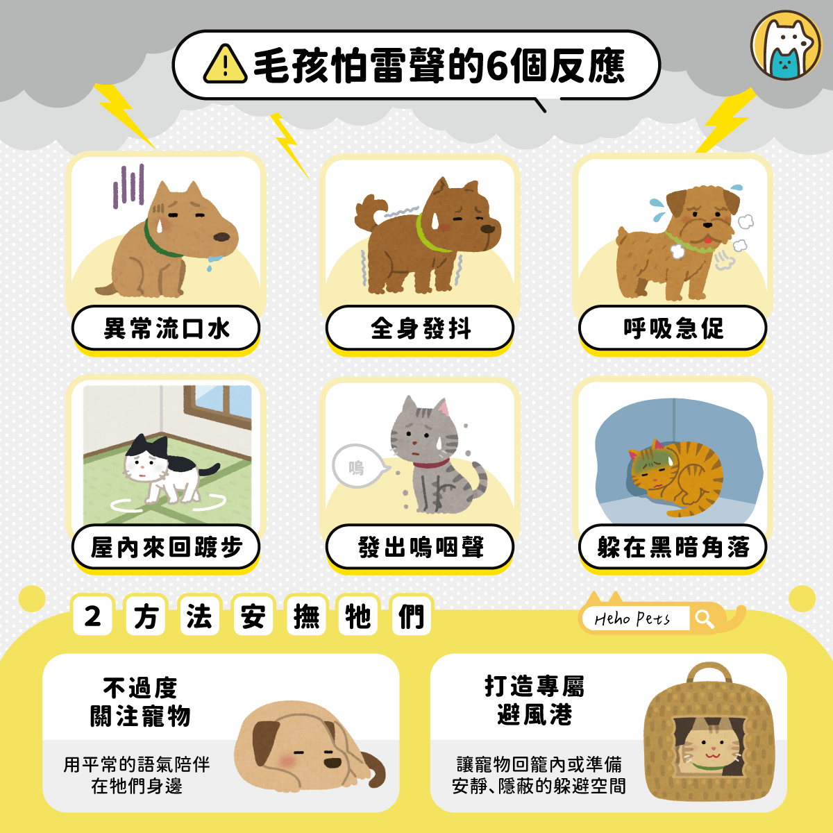 台灣夏季午後常有雷陣雨，對感官比人類敏銳許多的犬貓來說，雷雨帶來的氣壓驟降、閃電光線、雨水臭氧氣味與巨響，都是巨大的壓力來源。當牠們感到極度焦慮時，壓力狀態可能持續 4 至 6 小時，甚至影響 1 至 2 天的生活作息。