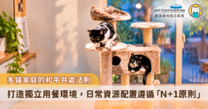 隨著多貓家庭的比例增加，如何讓天生重視地盤的貓咪和睦同住，成為多貓飼主的重要課題之一。貓咪對於食物、飲水、休憩角落與排泄環境都有天生的佔有慾，一旦感受到資源短缺或必須與同伴競爭，很容易產生焦慮與壓力，進而引起搶食、打架等衝突行為。建立充足且合理的資源分配，是維持多貓家庭穩定的關鍵。